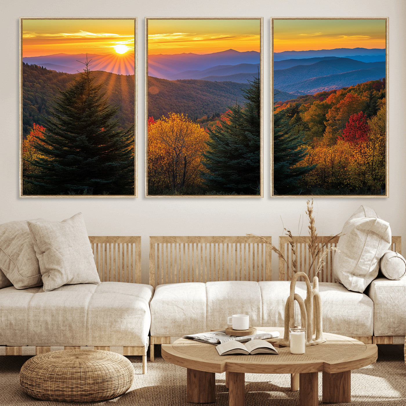 MGV-FC-60X30-3P - Golden Sunset Over Mountain Forest Canvas Wall Art Print - Warm Nature-Inspired Landscape for Living