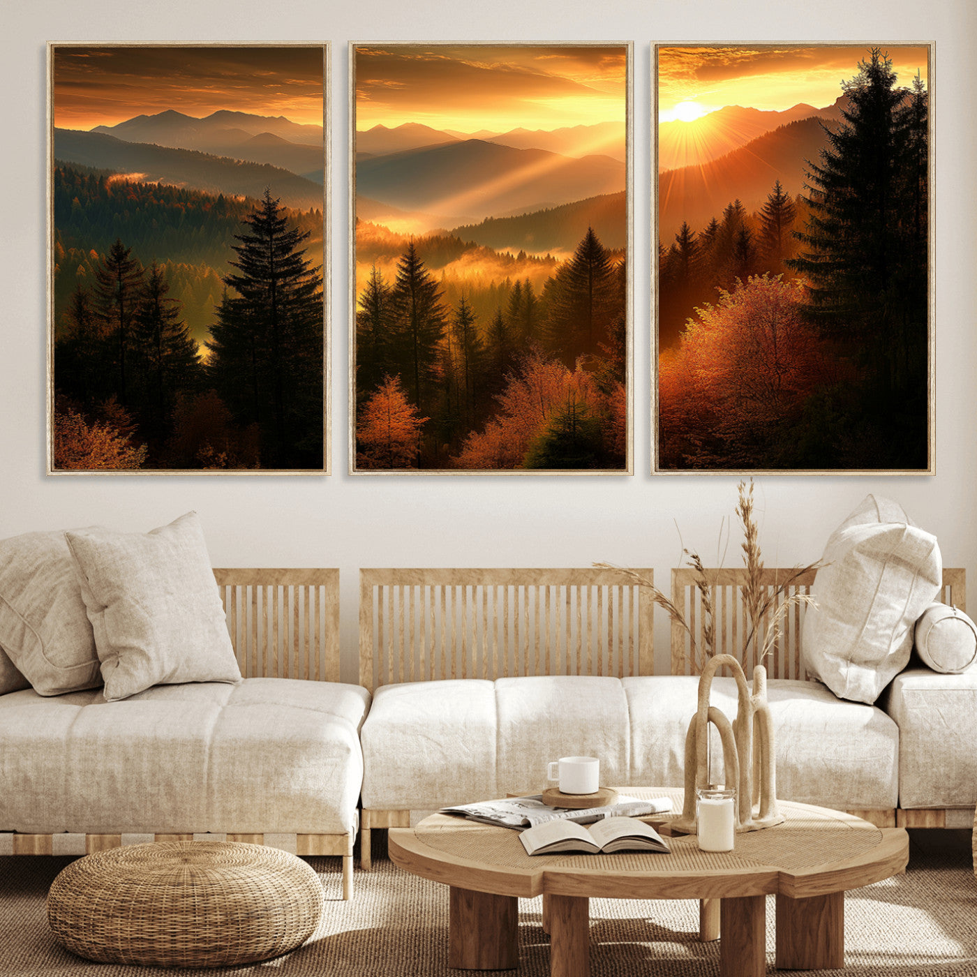 MGV-FC-60X30-3P - Golden Sunset Over Mountain Forest Canvas Wall Art Print - Warm Nature Landscape Print