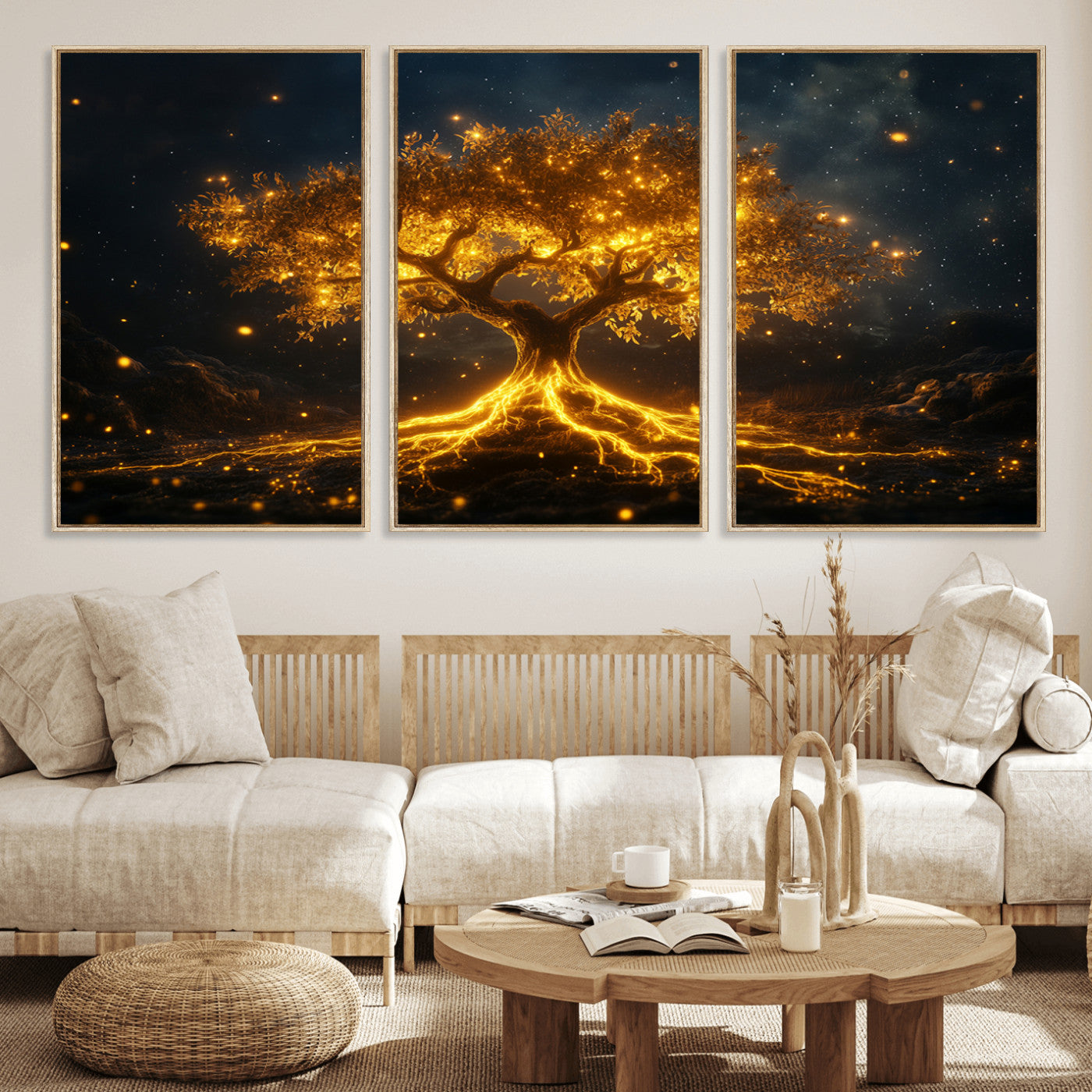 MGV-FC-60X30-3P - Golden Tree of Life Canvas Wall Art Print - Majestic Glowing Tree Design for Living Room, Office, or