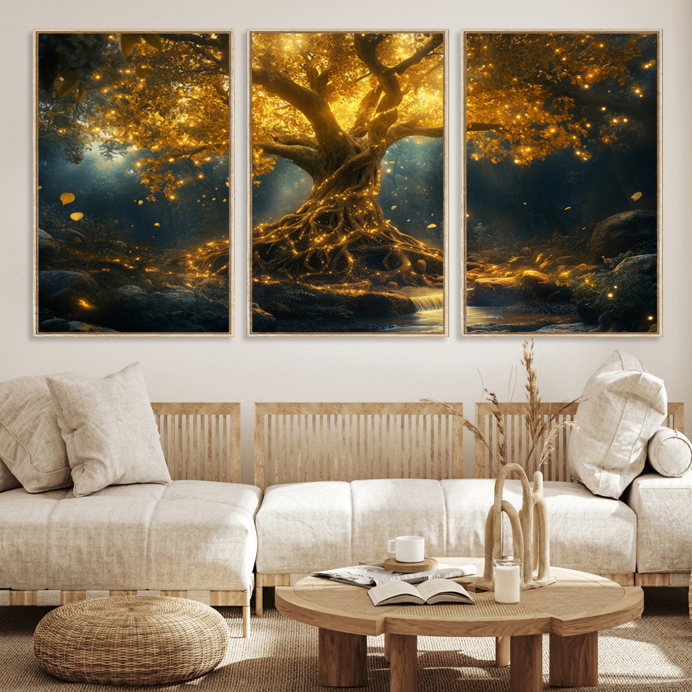 MGV-FC-60X30-3P - Golden Tree of Life Canvas Wall Art Print - Majestic Glowing Tree Wall Art Print