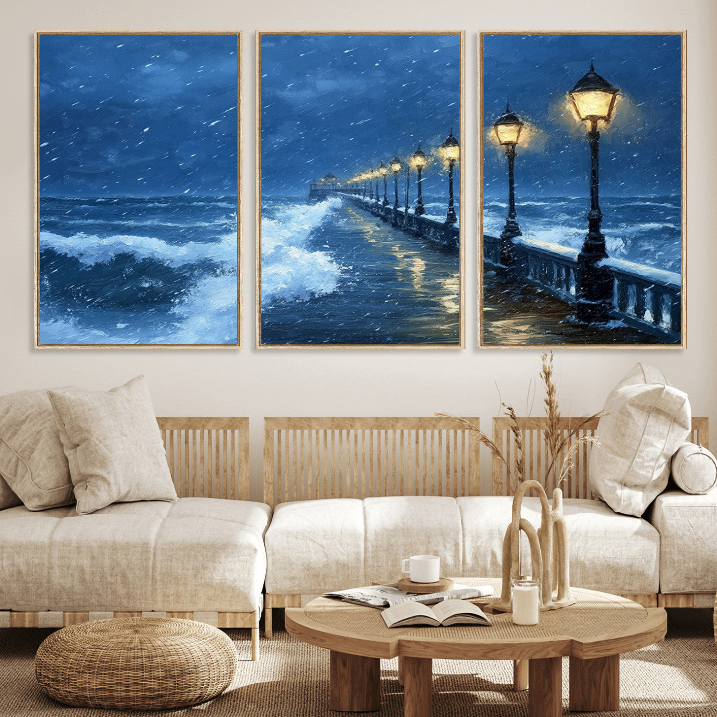 MGV-FC-60X30-3P - Stormy Ocean Pier Lights Canvas Wall Art Print - Large Moody Night Scene for Living Room, or Office,