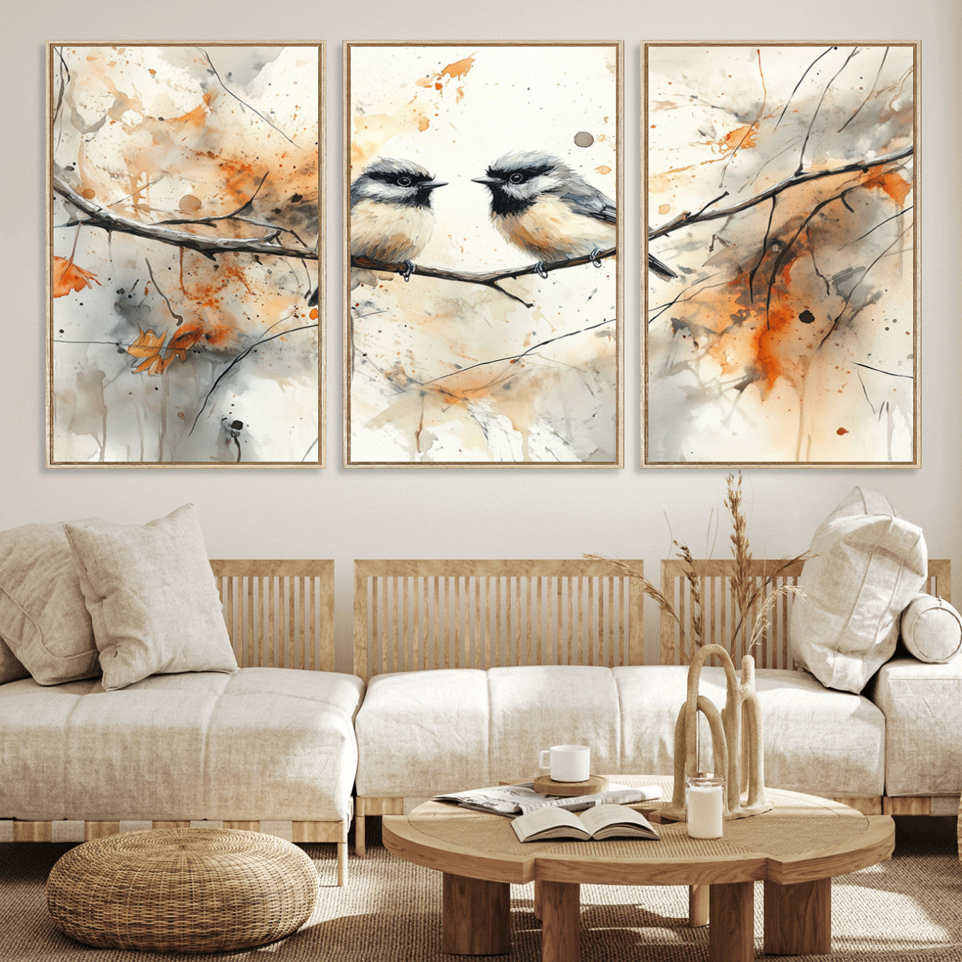 A soft and elegant watercolor painting of two chickadees perched on a delicate branch, surrounded by splashes of orange and neutral tones evoking a calm autumn day.