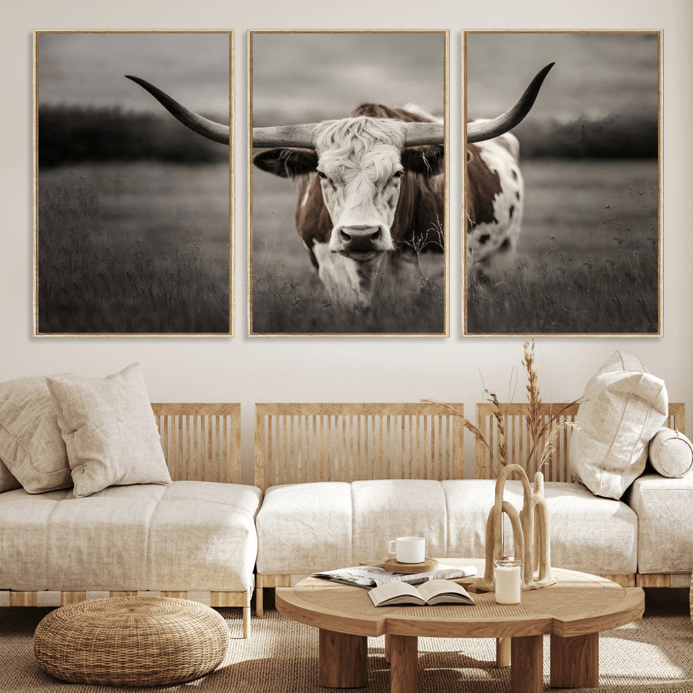 MGV-FC-60X30-3P - Texas Longhorn Cow Canvas Wall Art Print - Large Rustic Longhorn Art for Living Room, Western Wall
