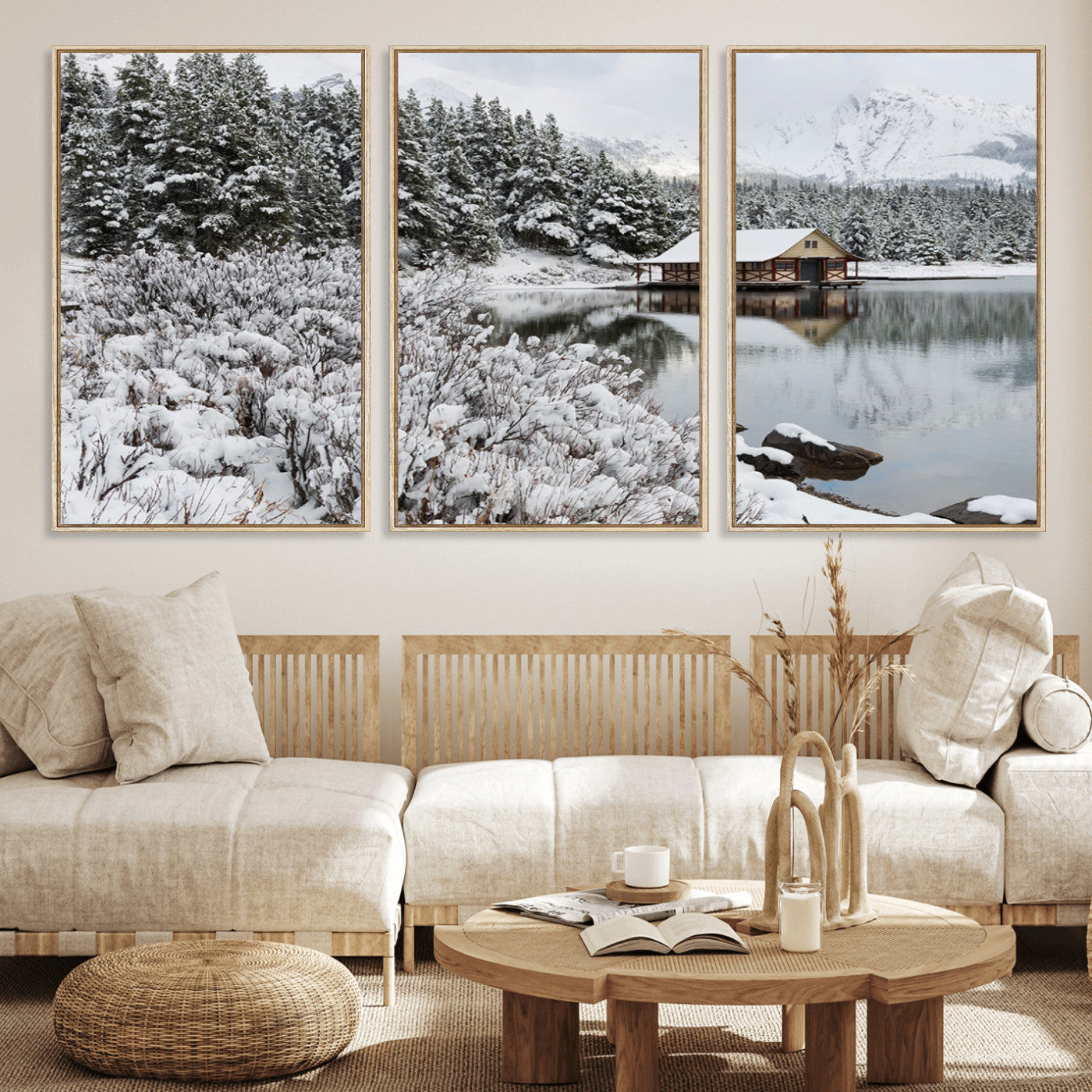 MGV-FC-60X30-3P - Winter Wall Art - Cabin by the Lake Canvas Wall Art - Serene Snowy Landscape with Mountain View,