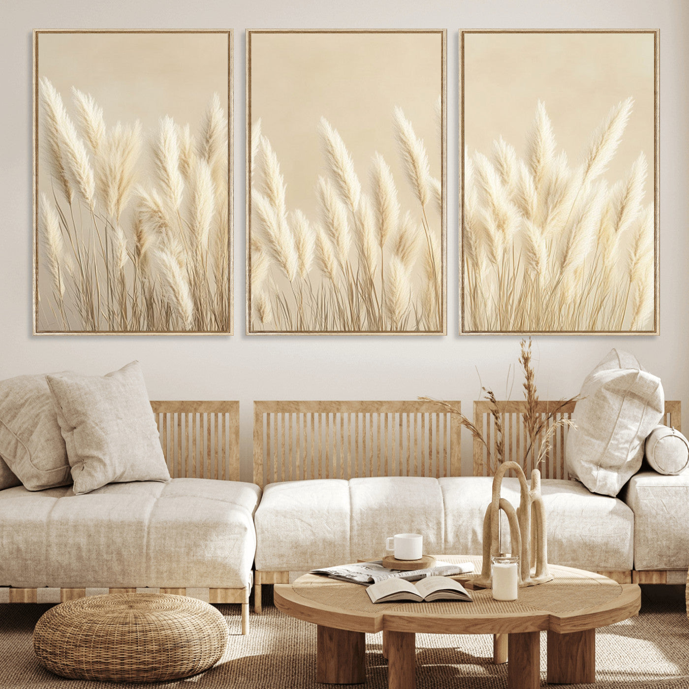 MGV-FC-60X30-3P - Grass Wall Art Print - Elegant Neutral Decor for Living Room, Boho Minimalist Artwork, Ready to Hang
