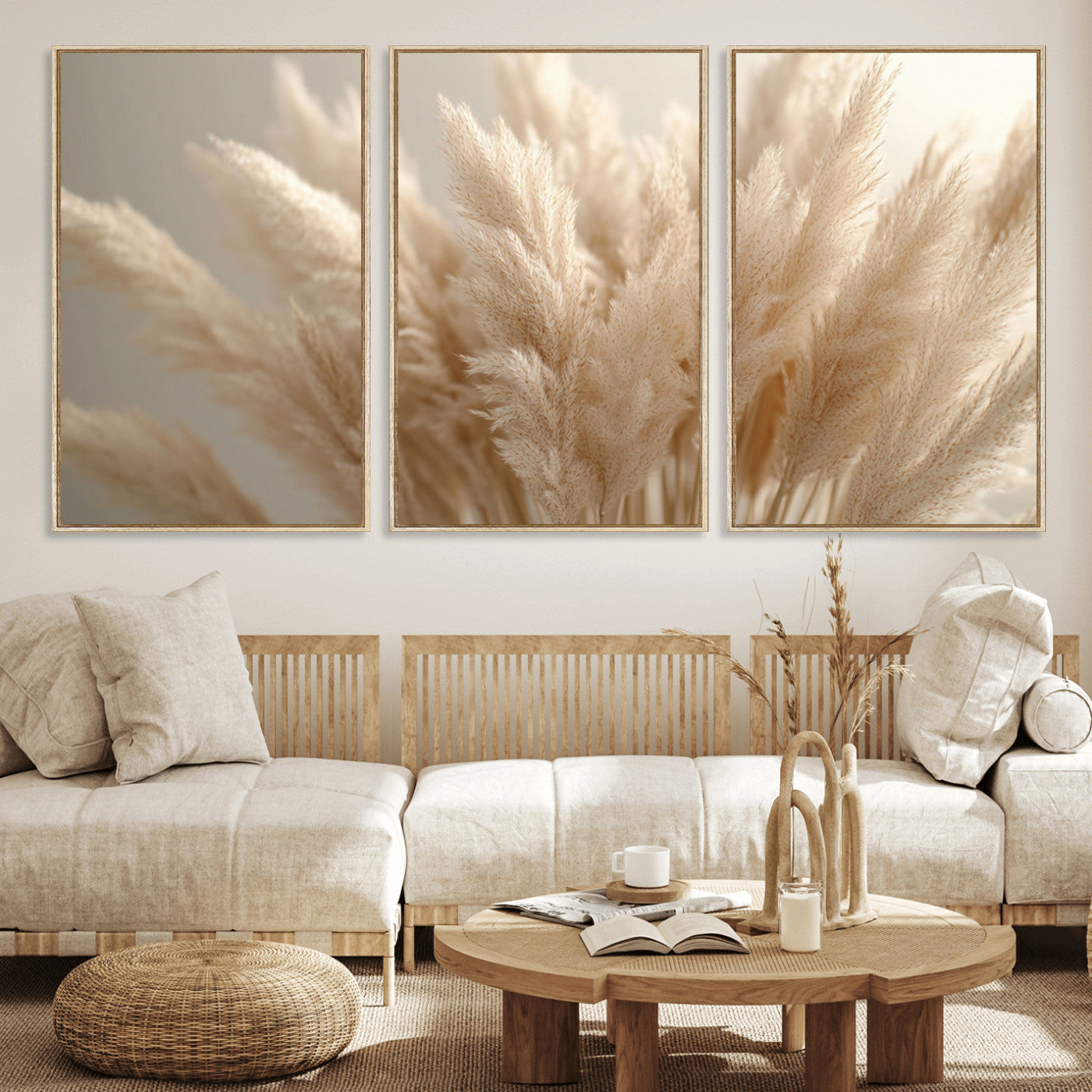 MGV-FC-60X30-3P - Pampas Grass Canvas Wall Art - Elegant Neutral Decor for Living Room, Boho Minimalist Artwork, Ready