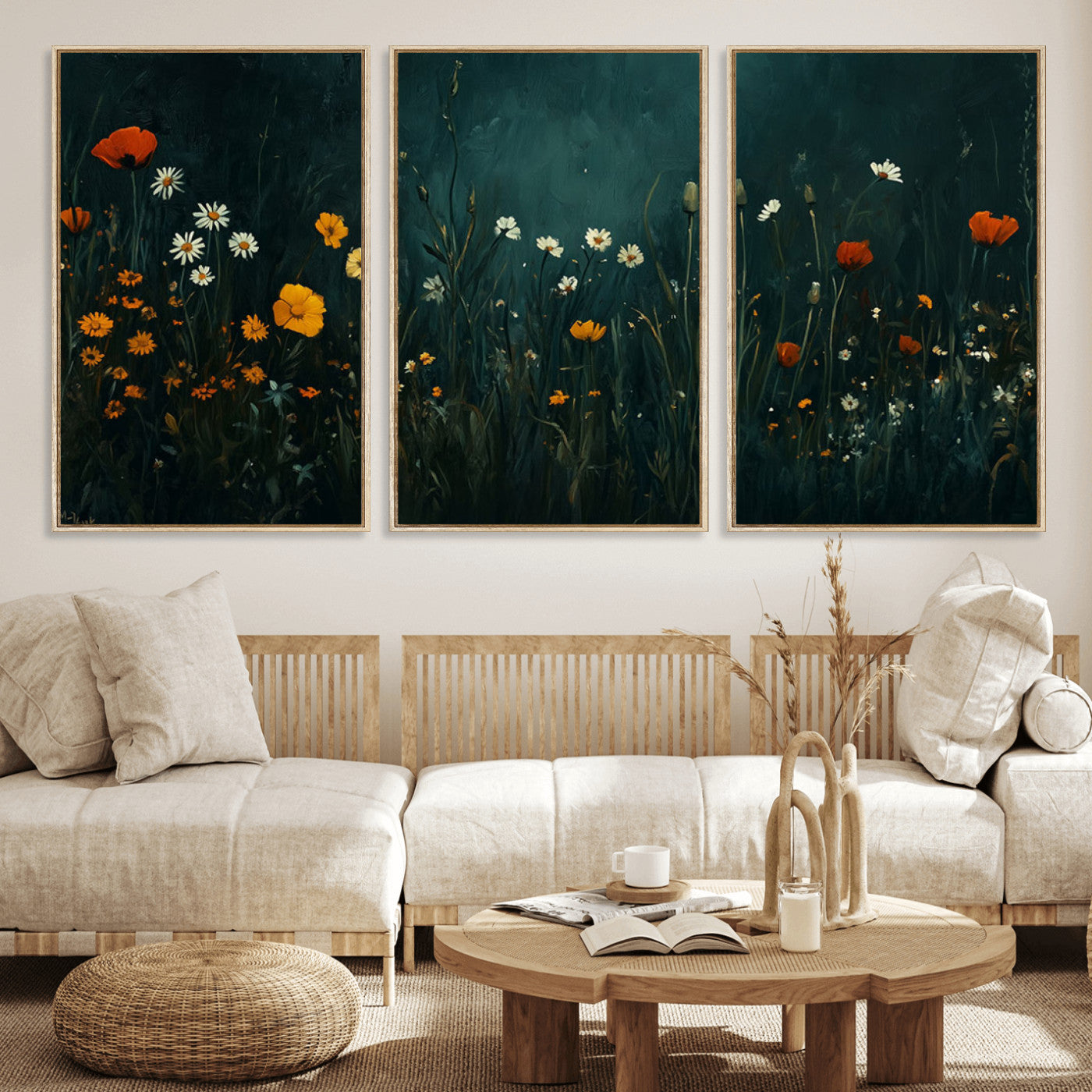MGV-FC-60X30-3P - Framed Wildflower Field Wall Art, Framed Vintage Botanical Landscape Sign, Floral Decor, Modern