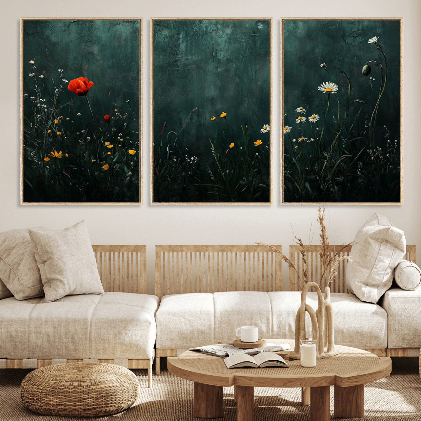 MGV-FC-60X30-3P - Wildflower Field Framed Wall Art, Vintage Botanical Landscape Sign, Botanical Wall Art, Modern