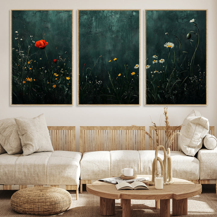 Wildflower Field Framed Wall Art, Vintage Botanical Landscape Sign, Botanical Wall Art, Modern Farmhouse Canvas Art, Field Of Flowers Canvas Print