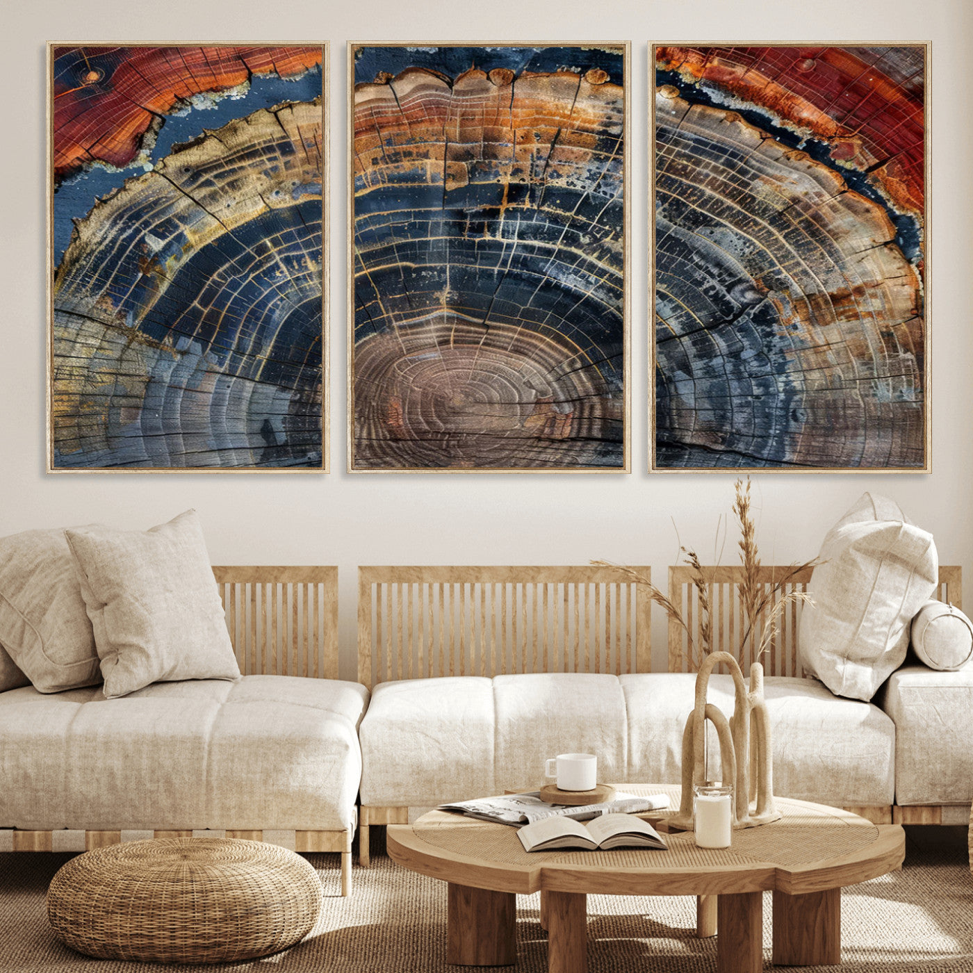 MGV-FC-60X30-3P - Abstract Tree Ring Wall Art, Colorful Framed Tree Ring Wall Decor, Minimalist Home Canvas Art,