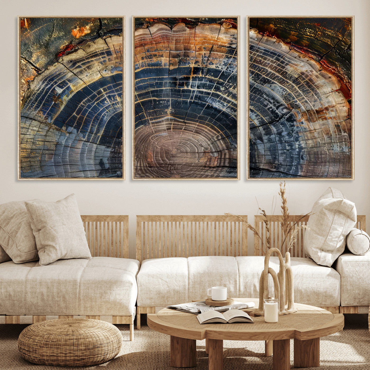 MGV-FC-60X30-3P - Framed Tree Ring Wall Art - Abstract Colorful Tree Ring Wall Decor, Minimalist Home Canvas Art,