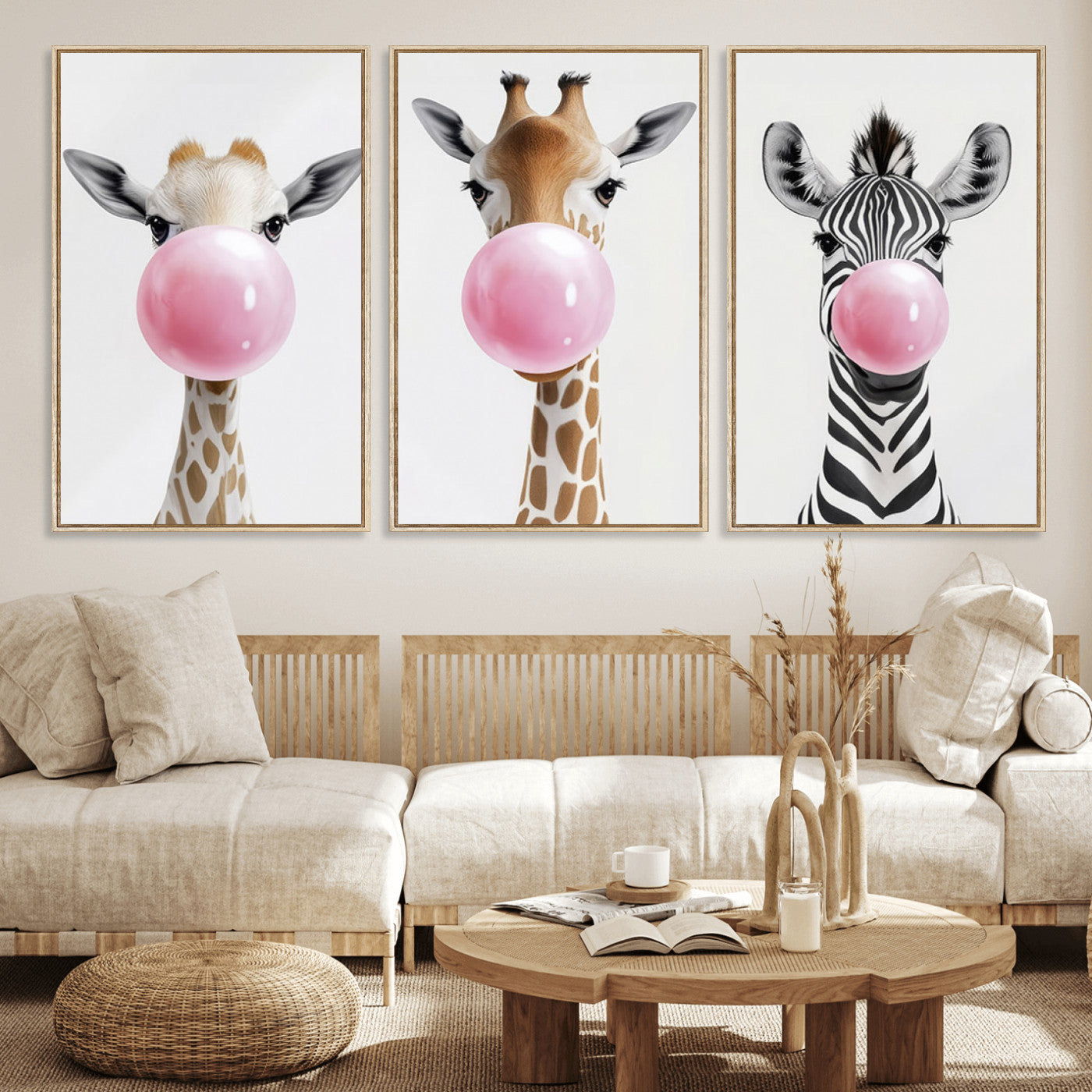 MGV-FC-60X30-3P - Bubblegum Animals Canvas Wall Art - Playful Giraffe and Zebra Trio, Fun Nursery Decor for Kids'