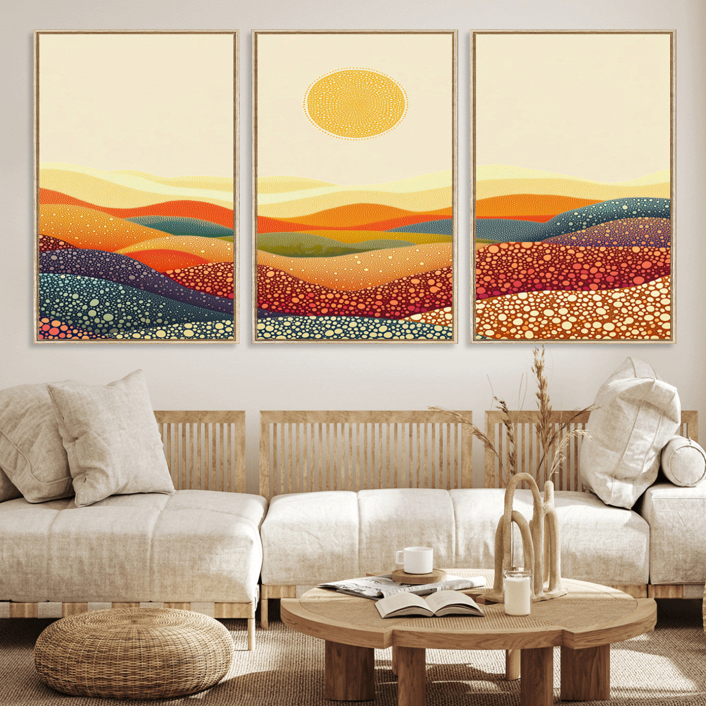 MGV-FC-60X30-3P - YAYOI KUSAMA Colorful Dot Art Landscape Canvas - Framed Abstract Pointillism Inspired by Nature with