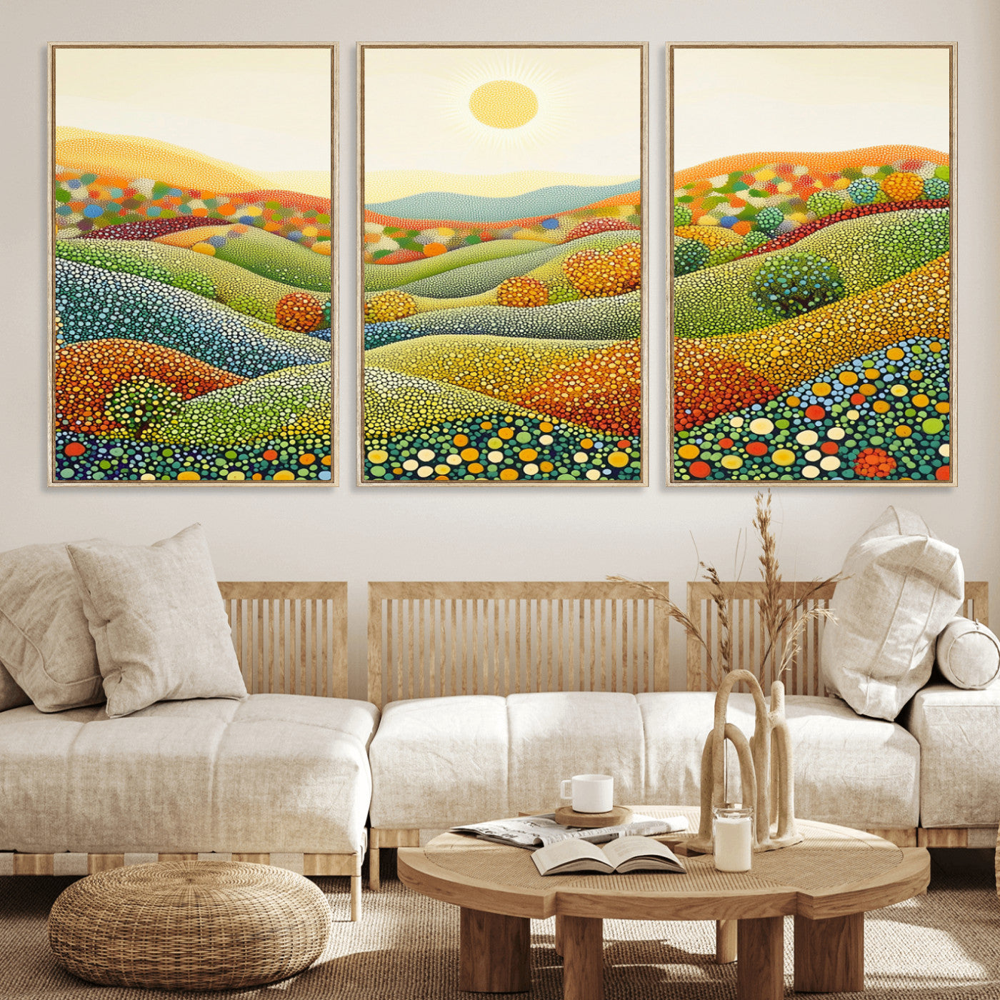 MGV-FC-60X30-3P - YAYOI KUSAMA Wall Art - Colorful Dot Art Landscape Canvas, Framed Japanese Dot Art