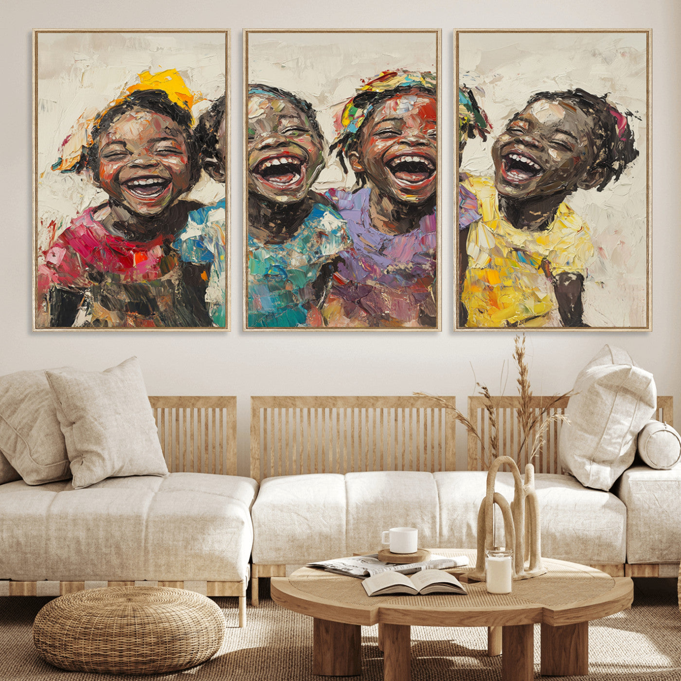 MGV-FC-60X30-3P - Shai Yossef style Joyful Childhood Canvas Wall Art - Expressive Impasto Painting of Black Children