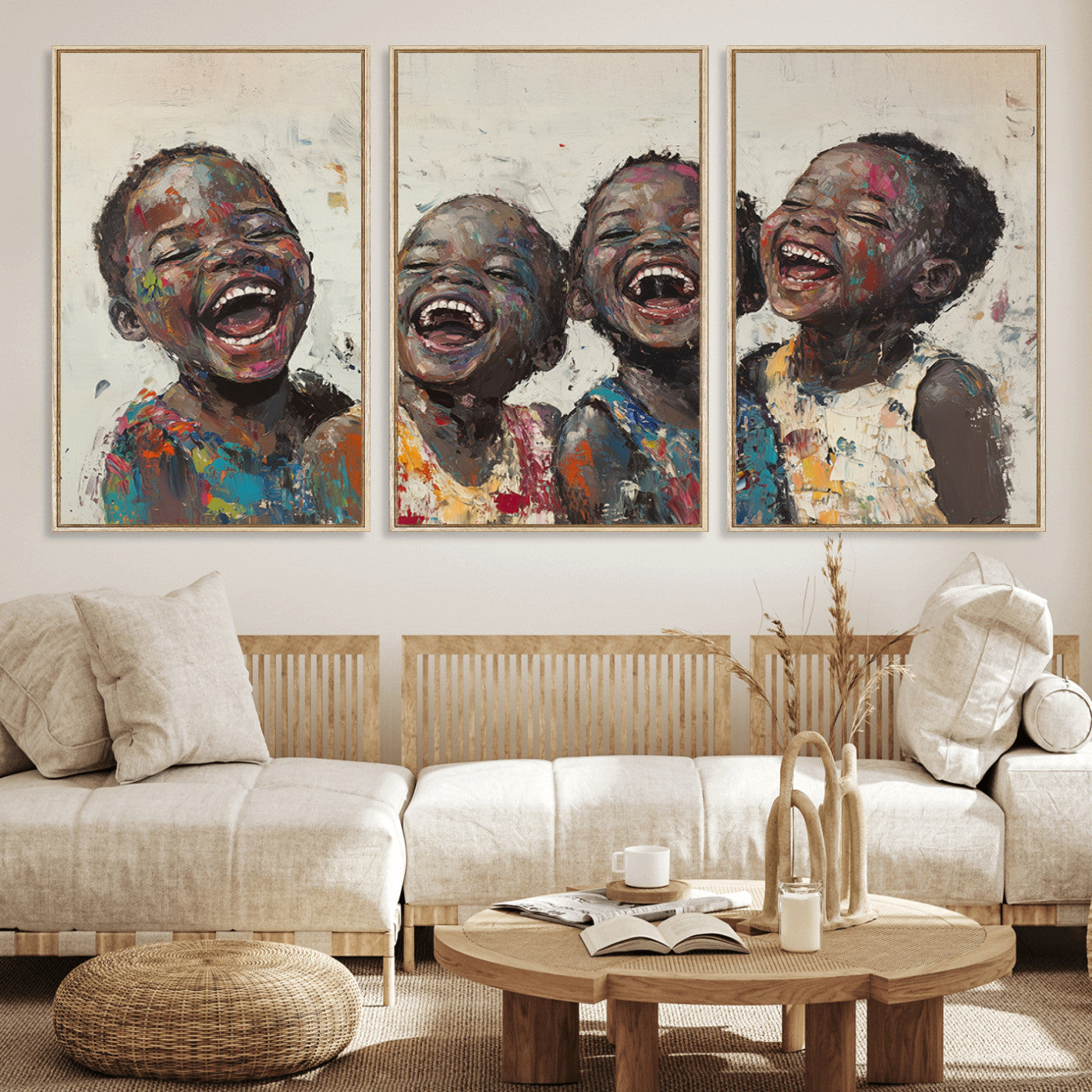 85256-MGV-FC-60X30-3P_Natural-Shai Yossef Print - Joyful Childhood Canvas Wall Art - Expressive Impasto Painting of Laughing