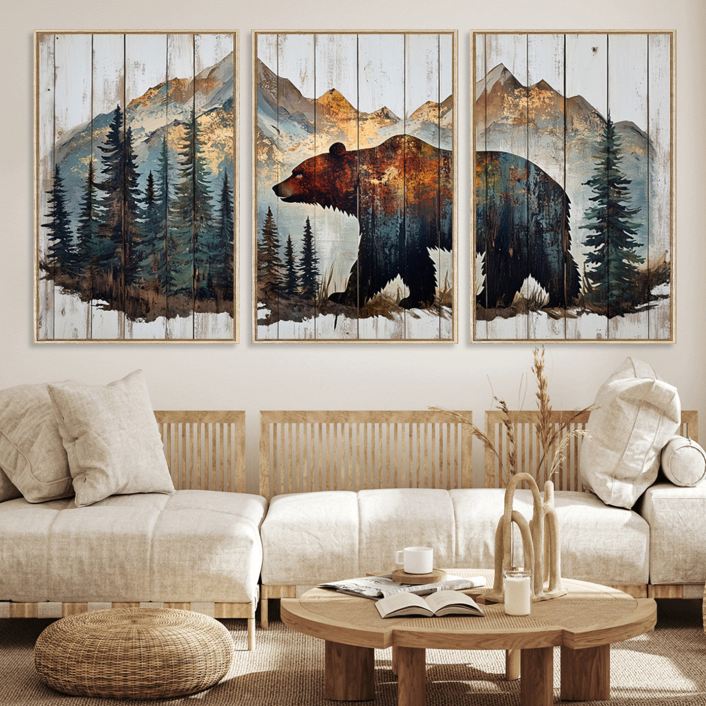 55777-MGV-FC-60X30-3P_Natural-Rustic Grizzly 399 Bear and Mountain Wood Canvas Wall Art - Framed Nature Artwork with Forest