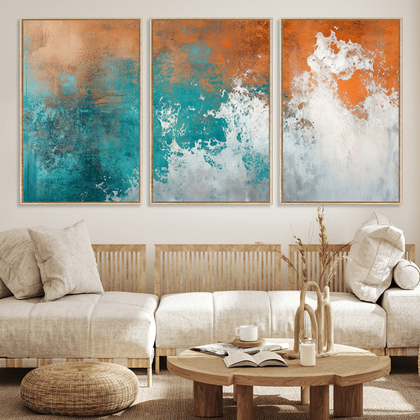 MGV-FC-60X30-3P - Vintage Abstract Print - Bold Teal and Orange Canvas Wall Art - Retro-Vintage Abstract Orange Canvas