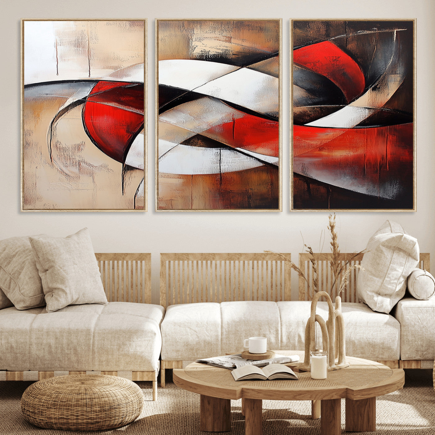 MGV-FC-60X30-3P - Abstract Wall Art - Modern Red and White Canvas Wall Art Print - Bold Geometric Abstract Canvas for