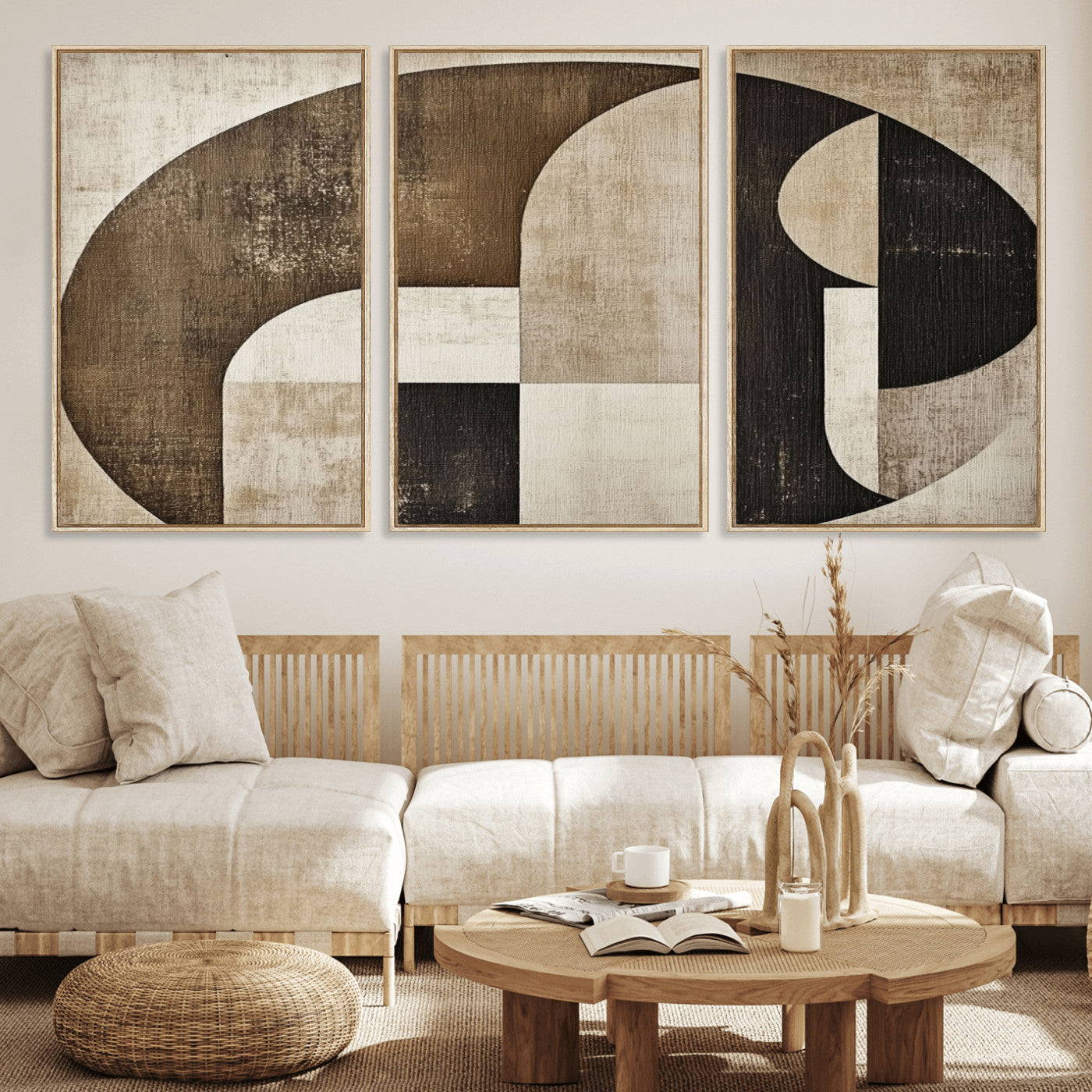 MGV-FC-60X30-3P - Wabi Sabi Abstract Wall Art | Geometric Modern Minimalist Canvas Print with Neutral Mid Century Art