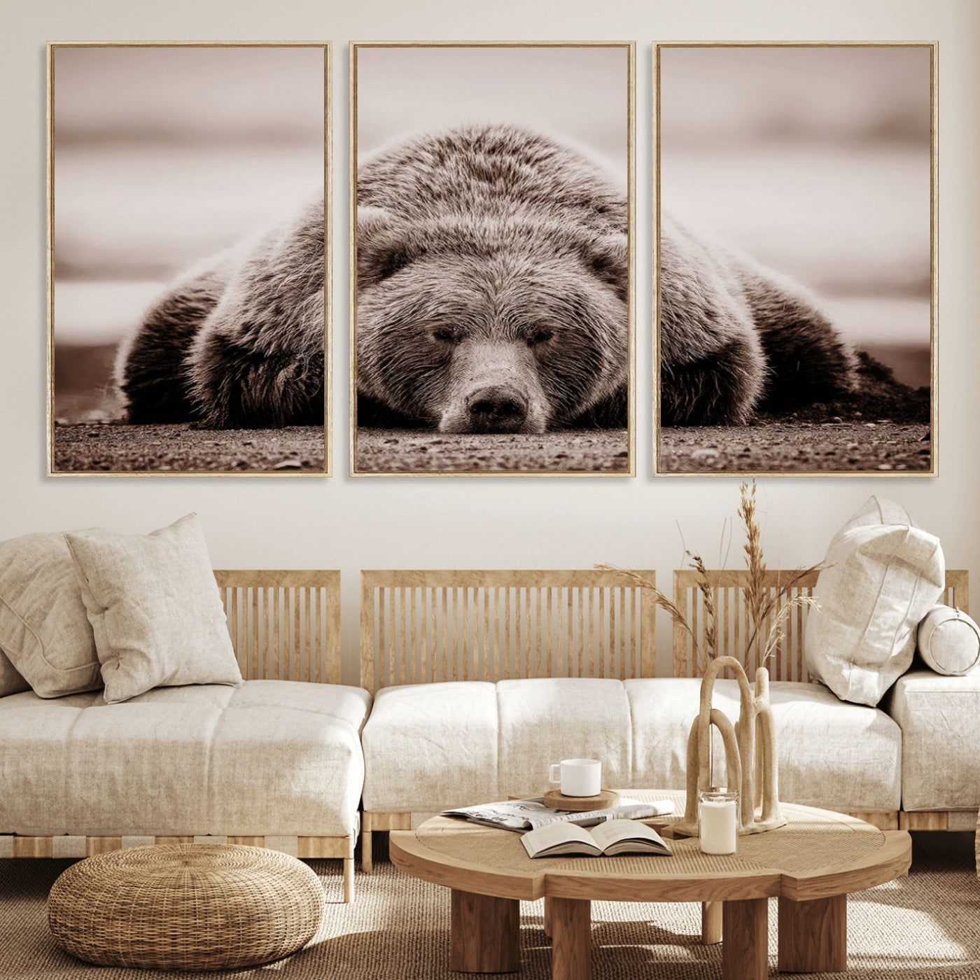 MGV-FC-60X30-3P - Grizzly Bear Wall Art Print - Bear Canvas Wall Art - Rustic Bear Portrait Canvas Print for Cabin Wall Decor and Nature-Inspired Spaces