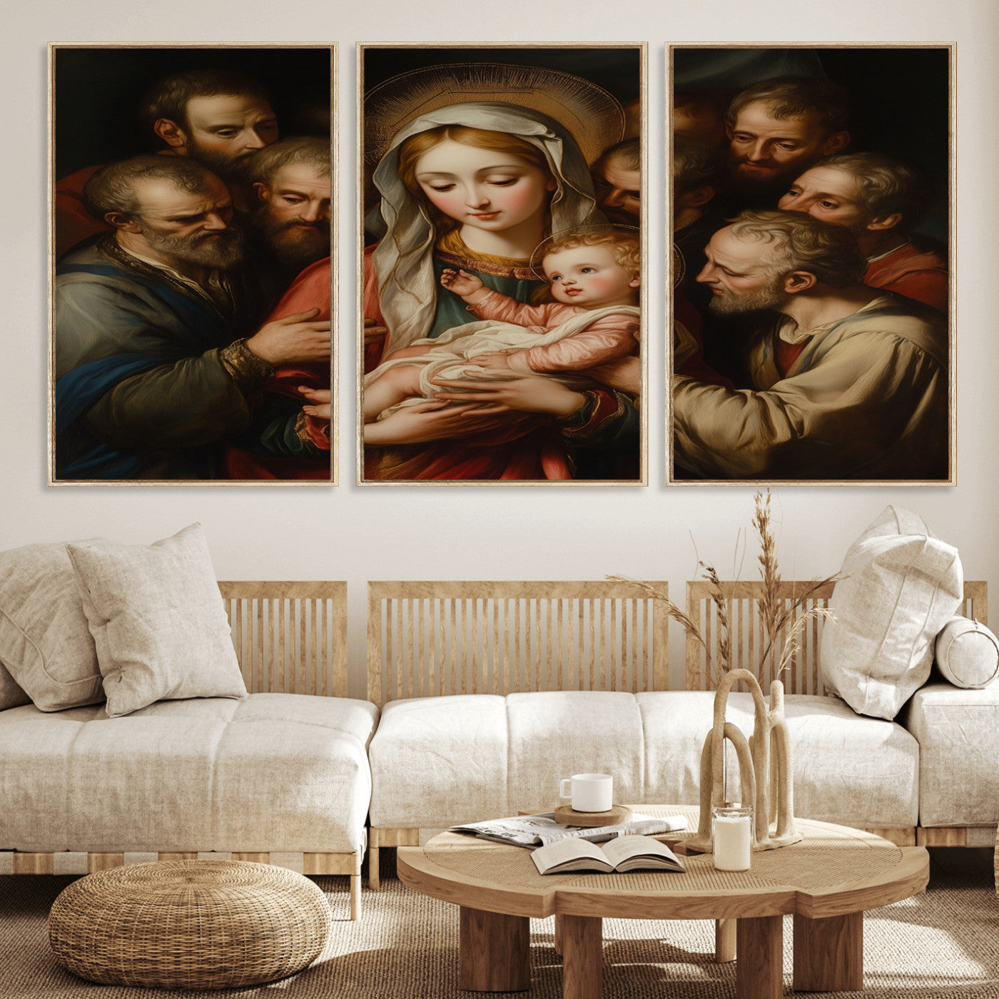 MGV-FC-60X30-3P - Religious Canvas Wall Art Print - Madonna and Child with Apostles Art Print - Classic Christian
