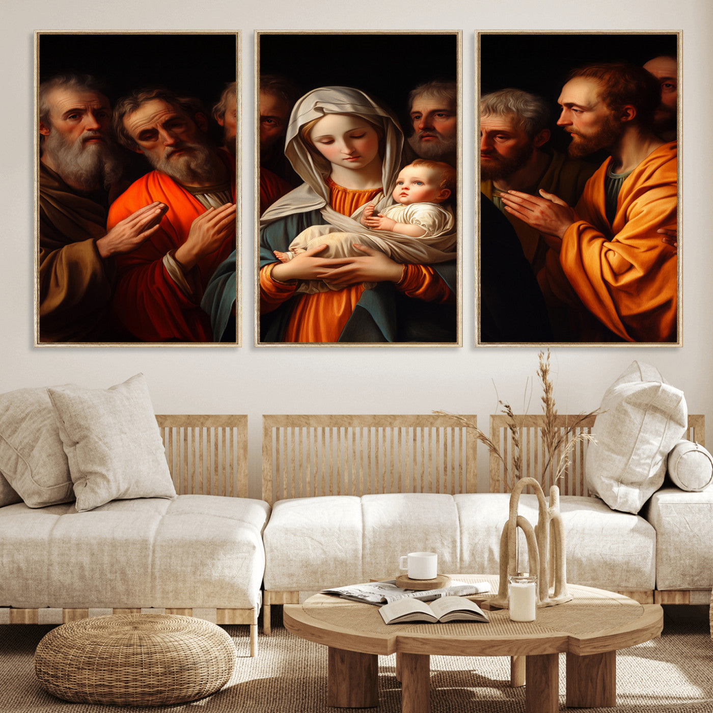 MGV-FC-60X30-3P - Religious Canvas Wall Art Print - Madonna and Child with Apostles Art Print - Classic Christian