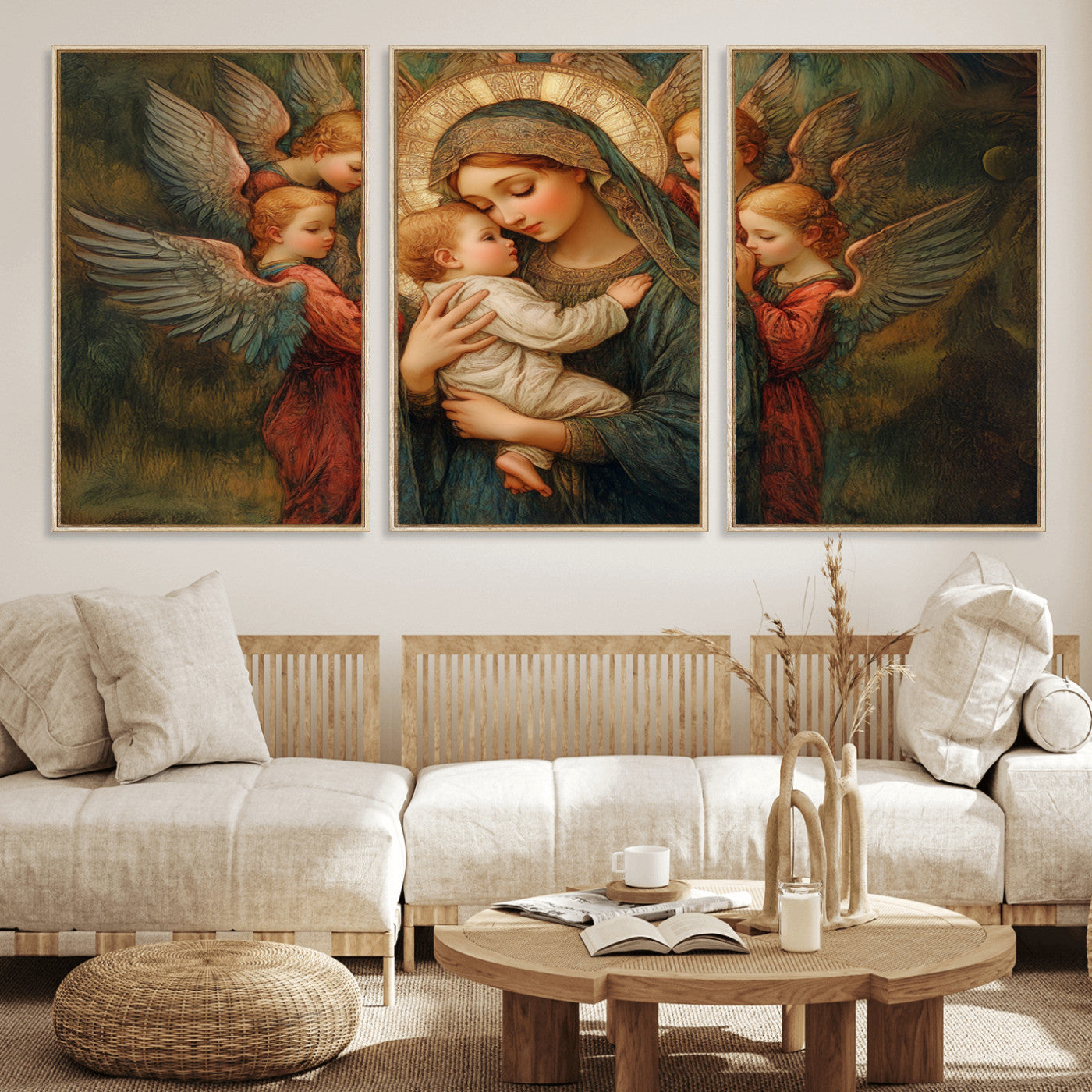 MGV-FC-60X30-3P - Mary Jesus Canvas Wall Art Print - Madonna and Child with Angels Art Print - Classic Christian