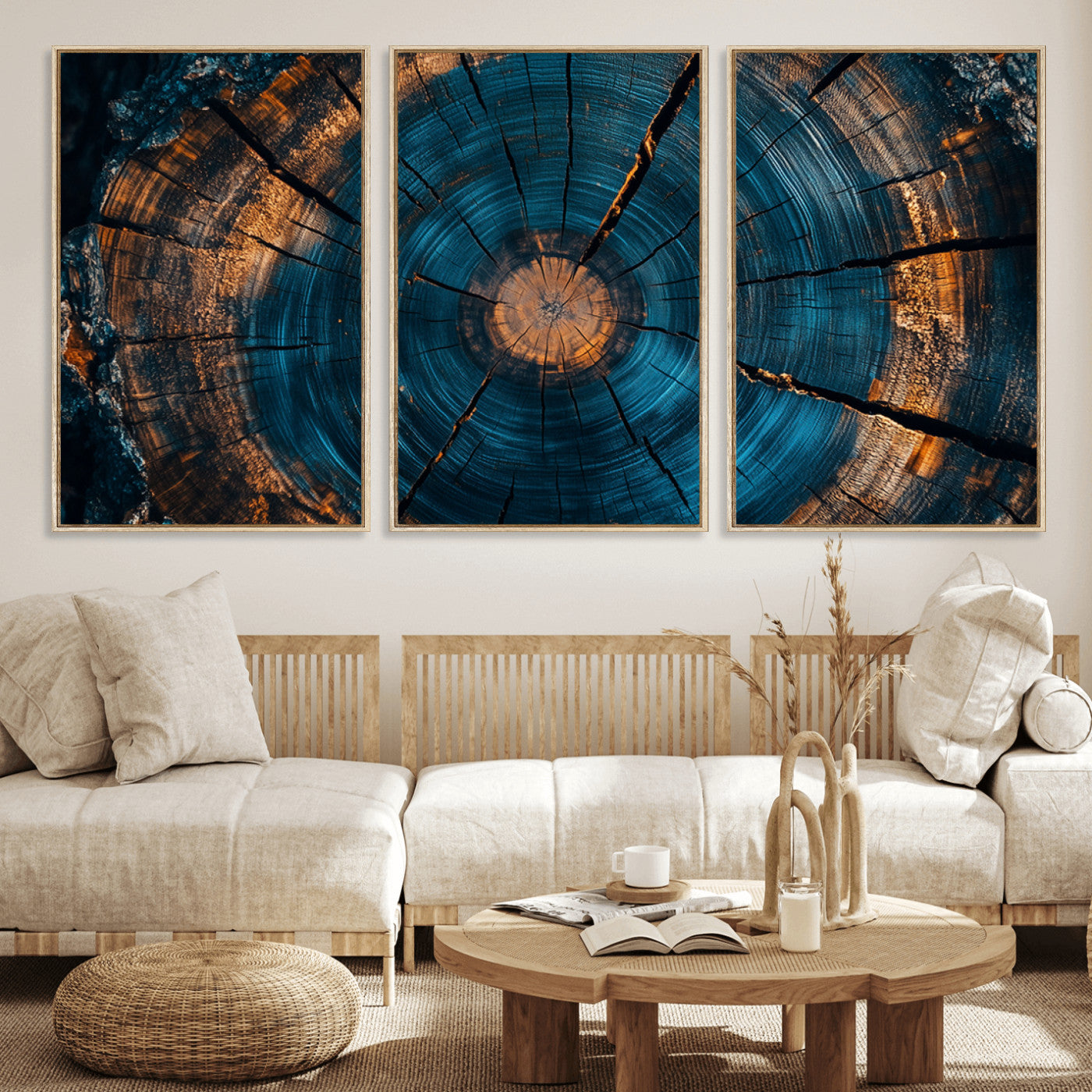 MGV-FC-60X30-3P - Farmhouse Wall Art - Abstract Tree Rings Canvas Wall Art Print, Framed Wood Grain Rings Artwork
