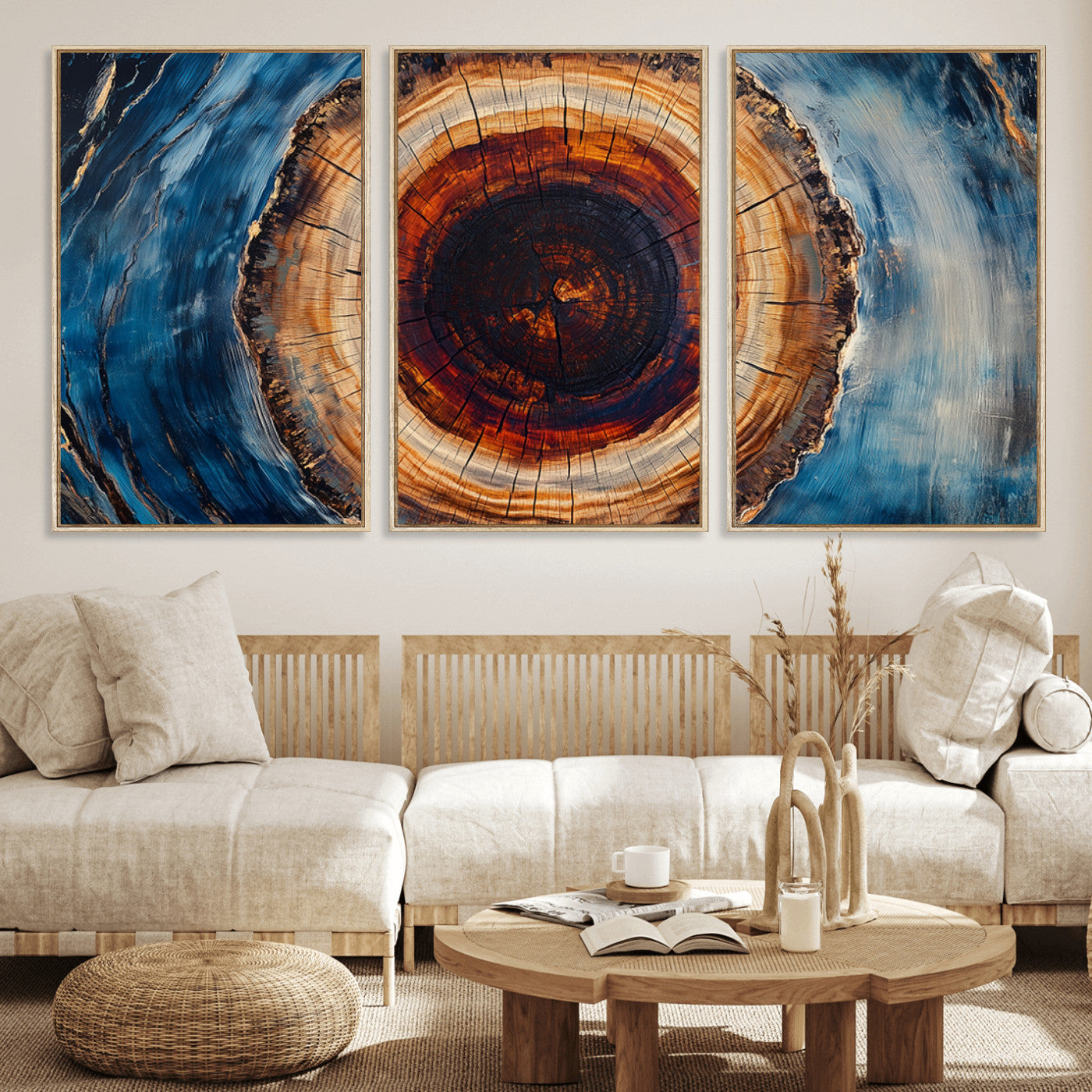 MGV-FC-60X30-3P - Framed Abstract Tree Ring Wall Art Print, Natural Rustic Wood Texture Canvas Print, Wood Tree Stump