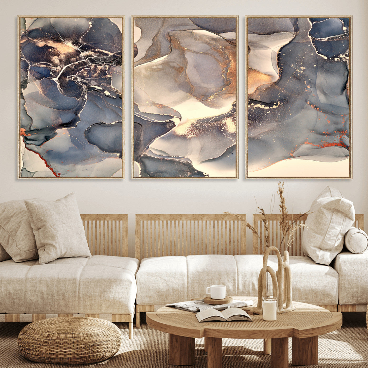 MGV-FC-60X30-3P - Abstract Blue and Gold Wall Art - Fluid Ink Artwork - Modern Luxury Wall Decor for Contemporary