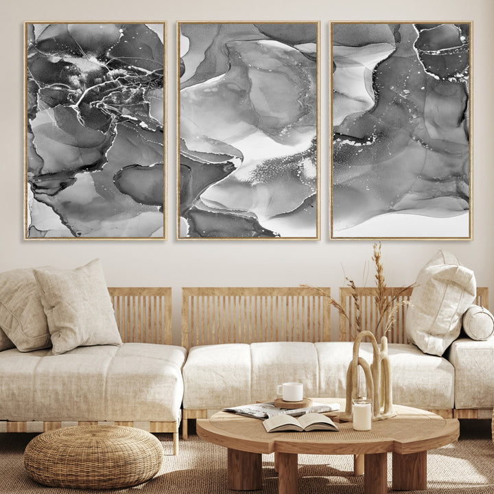 Black White Abstract Canvas Wall Art - Fluid Ink Artwork - Modern Luxury Wall Decor for Contemporary Interiors