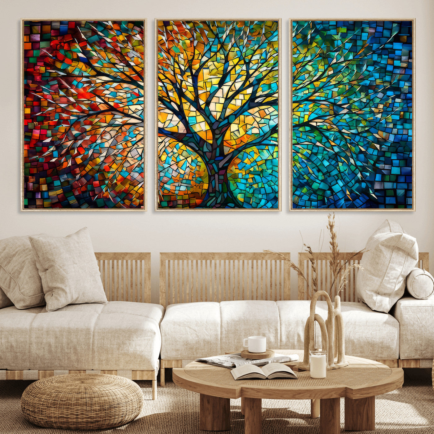 99325-MGV-FC-60X30-3P_Natural-Yggdrasil Tree of Life Wall Art Print Canvas | Mosaic Style 3-Panel Canvas Print