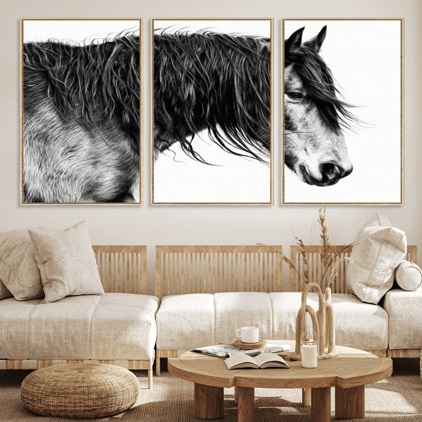 MGV-FC-60X30-3P - Black Horse Wall Art Canvas Print for Farmhouse Decor and Woodland Decoration