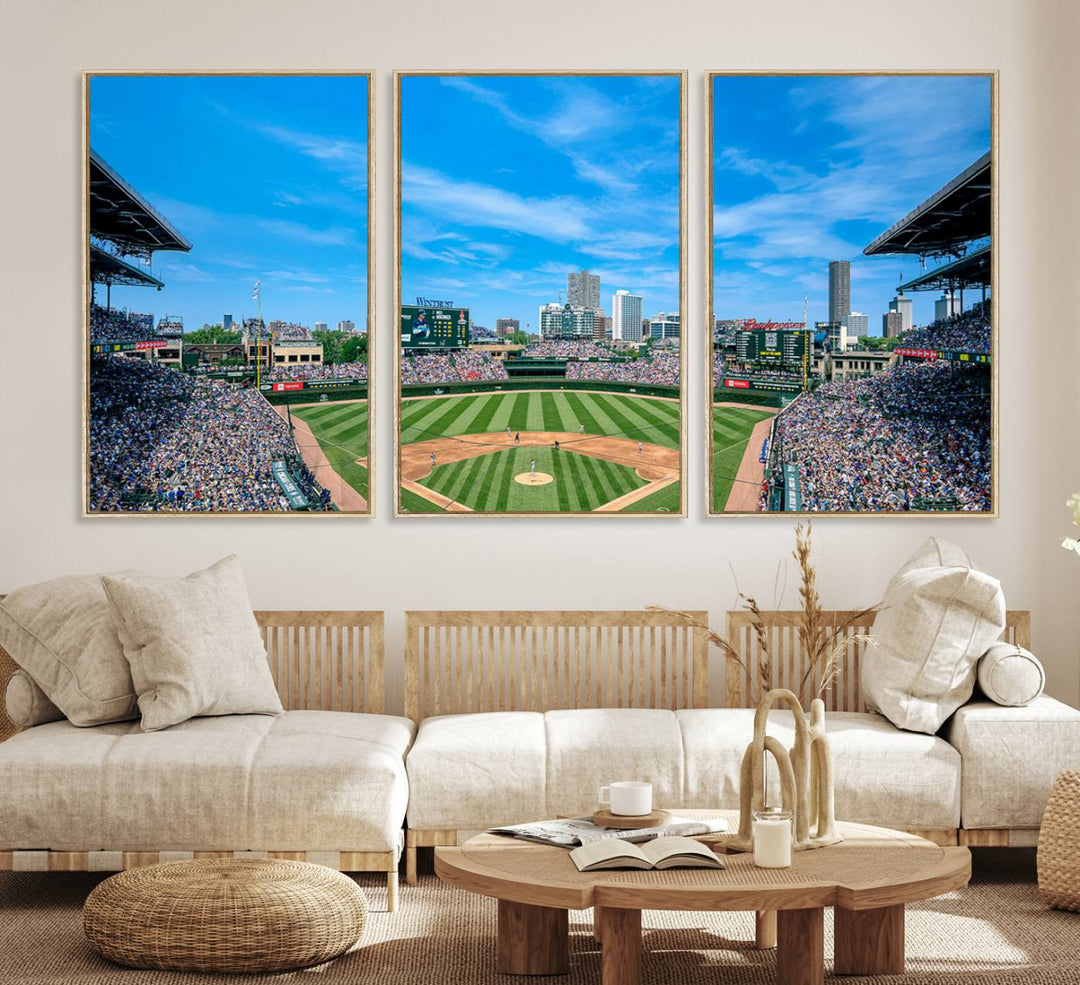 Panoramic view of Wrigley Field, ideal for the Wrigley Field Chicago Cubs Panoramic Canvas Wall Art - Ready to Hang.