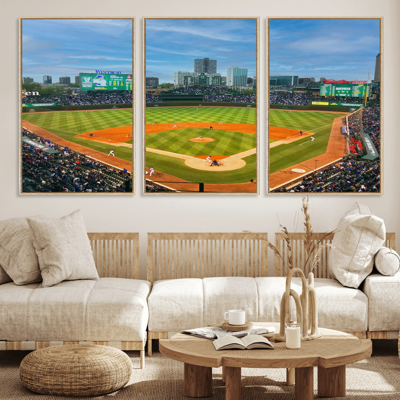 MGV-FC-60X30-3P - Wrigley Field Chicago Cubs Panoramic Multi Piece Canvas Wall Art - Iconic Baseball Stadium Print for