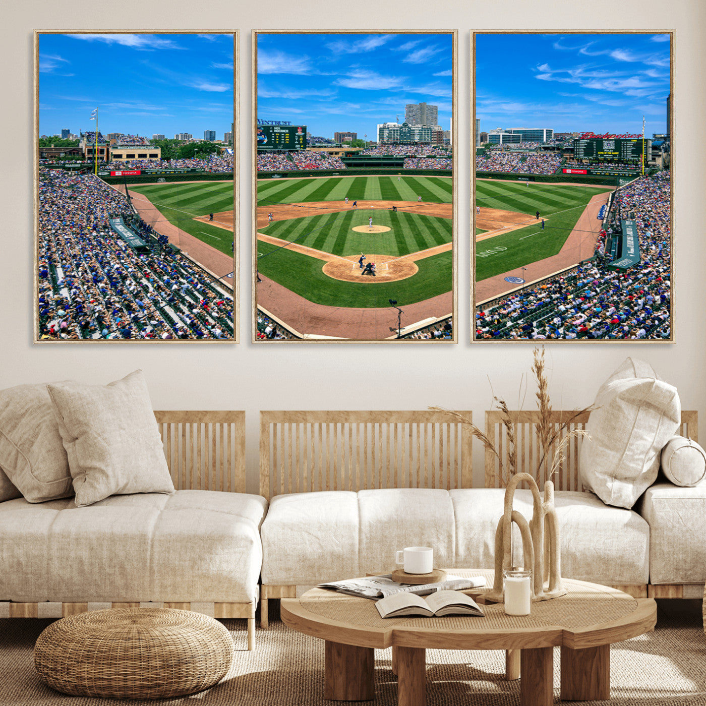 26064-MGV-CV-30X20-Framed Wrigley Field Chicago Cubs Print, Panoramic Multi Piece Canvas Wall Art - Iconic Baseball Stadium Print for Sports Lovers - Ready to