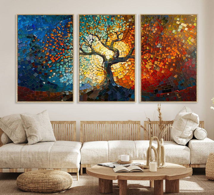 Mosaic Tree Canvas Wall Art: A stunning stained glass-inspired Tree of Life featuring blue and orange swirling patterns reminiscent of a sunburst.