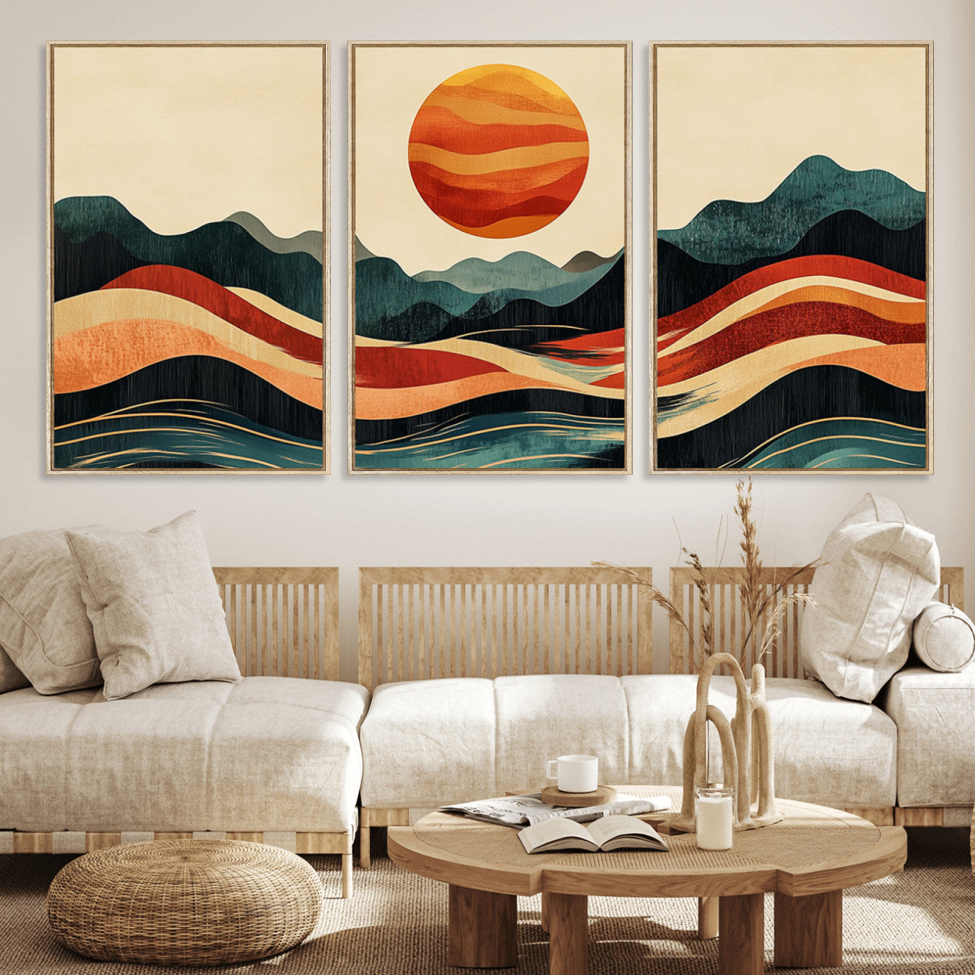MGV-FC-60X30-3P - Mountain Triptych Wall Art - Western Nature Prints - Framed Boho Pine Tree Canvas for Log Cabin or