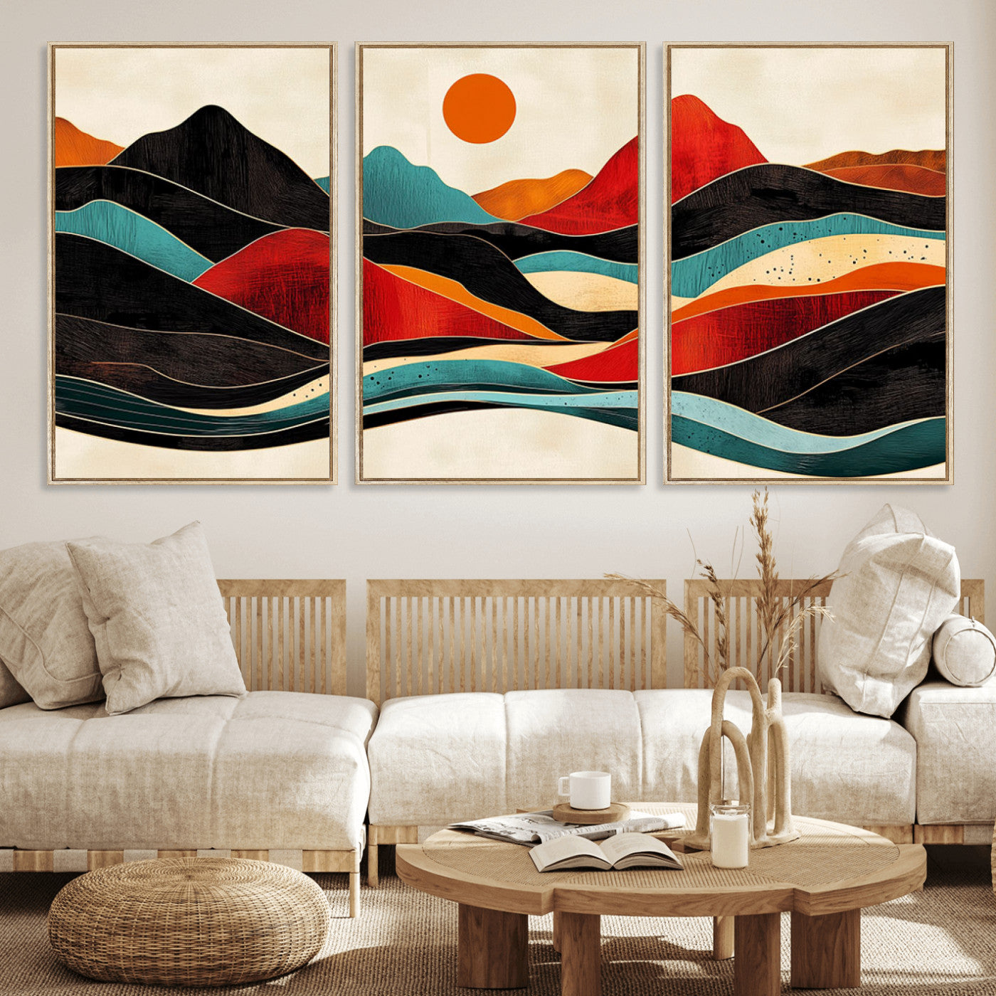MGV-FC-60X30-3P - Western Wall Decor - Large Triptych Mountain Canvas - Boho Woodland Wall Art Print - Framed