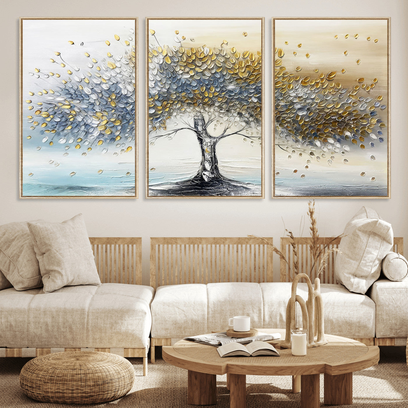 MGV-FC-60X30-3P - Golden & Silver Tree of Life Wall Art – Canvas Print with Whimsical Leaves Elegant Nature Design, Decorative Home, Office or Guest Room Decor