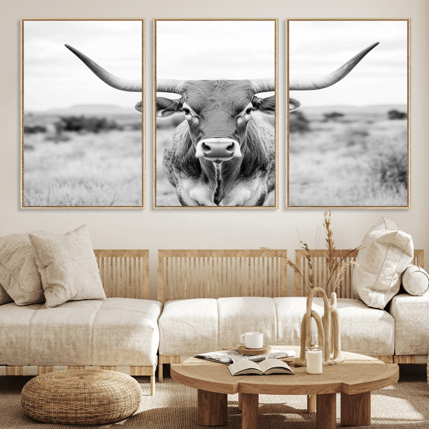 MGV-FC-60X30-3P - Highland Cow Wall Art Print - Black and White Texas Western Longhorn Canvas - Farmhouse Decor Print