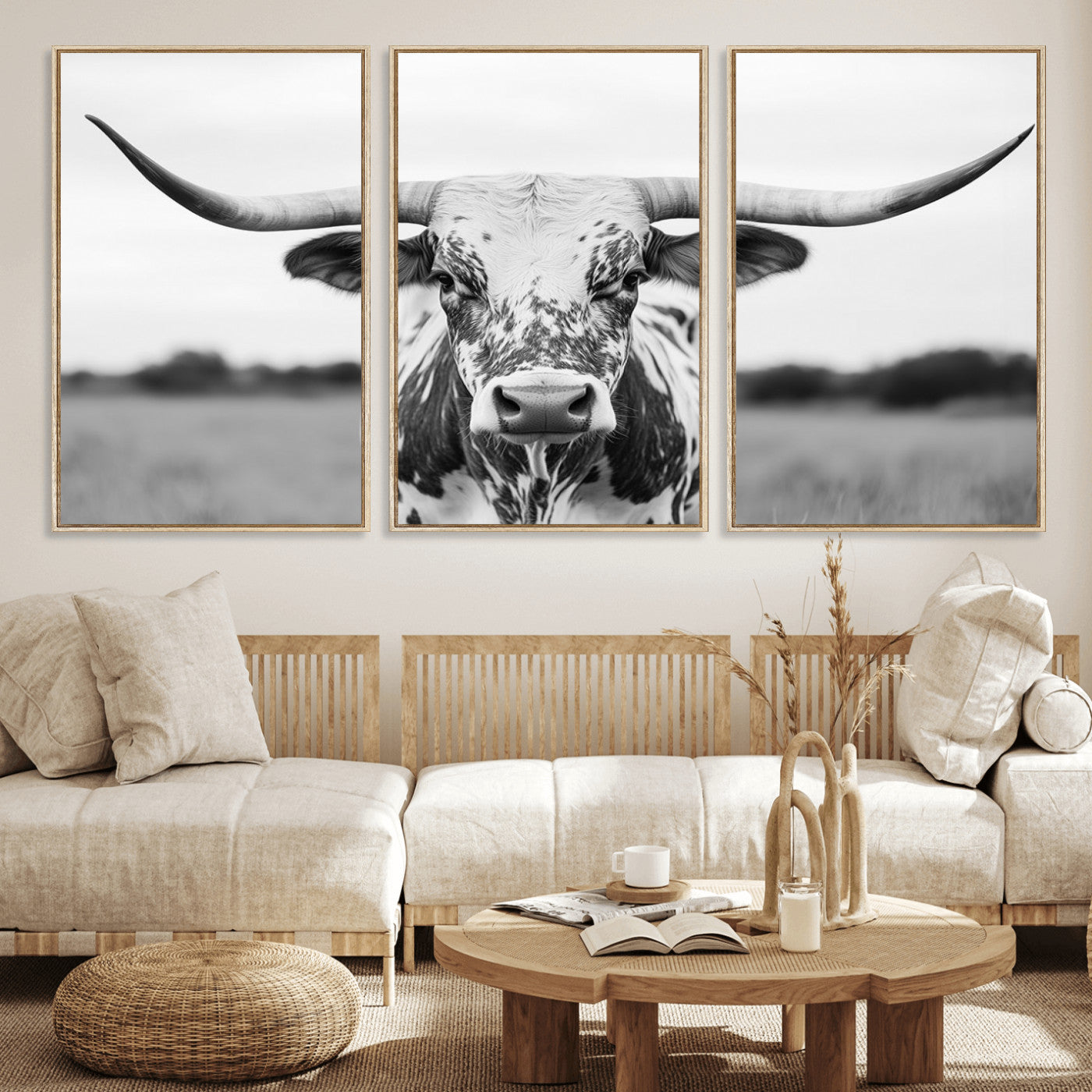 MGV-FC-60X30-3P - Highland Cow Wall Art - Black and White Western Longhorn Canvas Print - Farmhouse Living Room Decor
