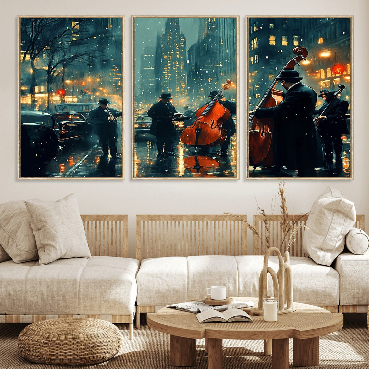 53391-MGV-CV-24X16 - Urban Night Jazz Wall Art Canvas Print | Moody Rain Soaked City Street Band Scene