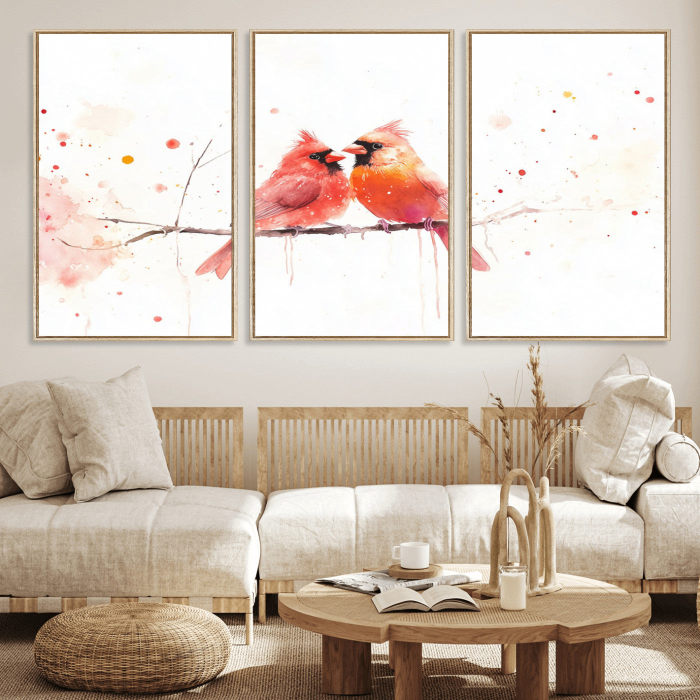 MGV-FC-60X30-3P - Cardinal Bird Canvas Wall Art - Male and Female Cardinal Print - Nature-Inspired Bird Wall Decor for
