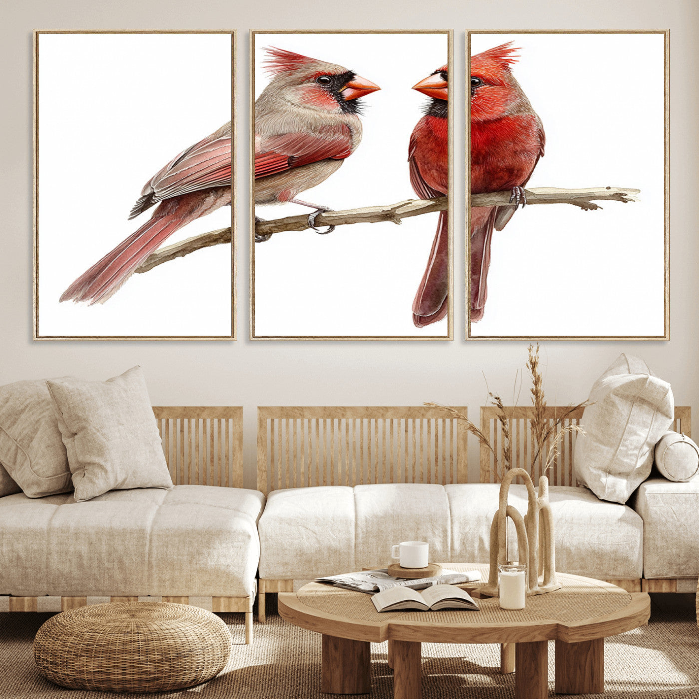 MGV-FC-60X30-3P - Cardinal Bird Canvas Wall Art - Male and Female Cardinal Print - Abstract Bird Wall Decor for Home -