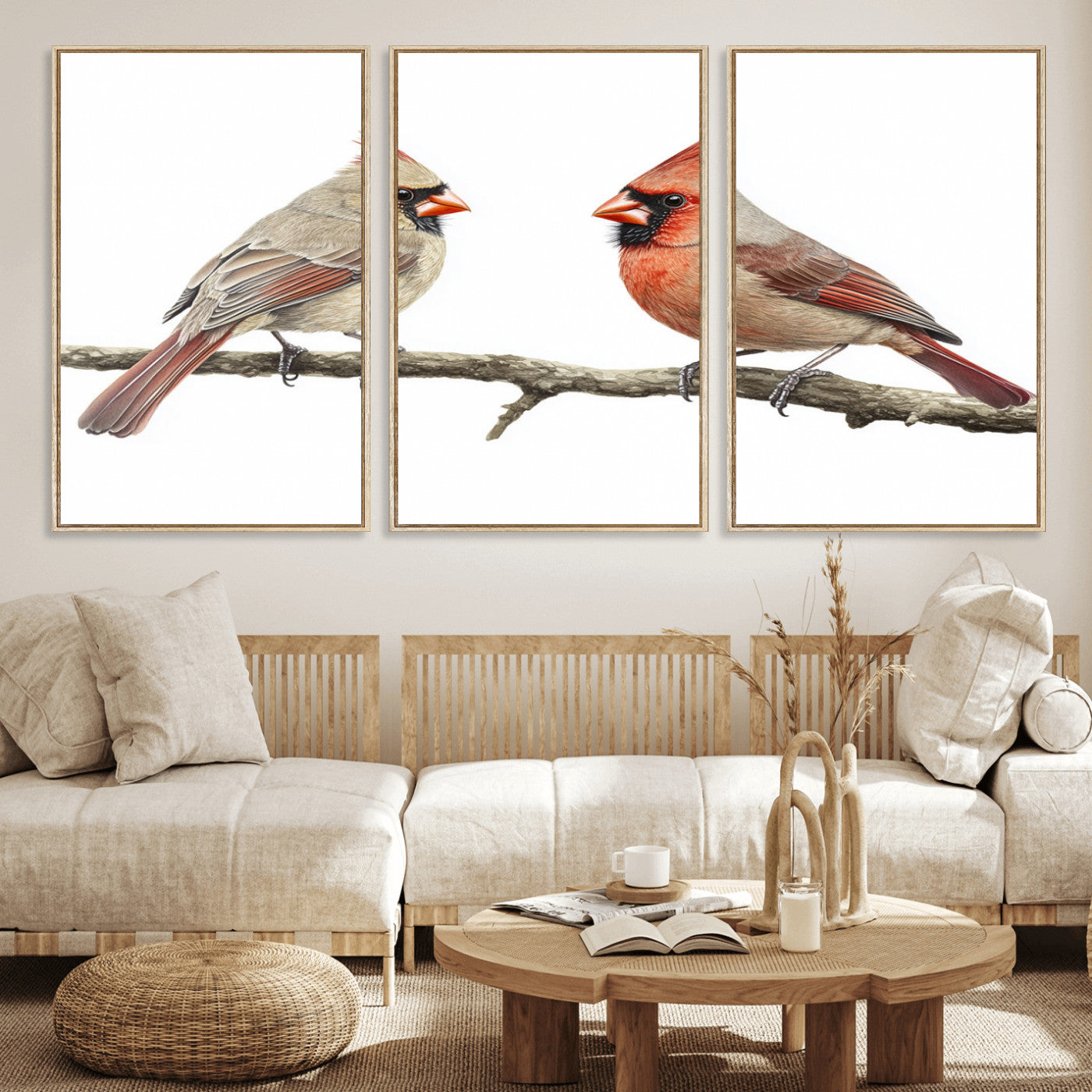 MGV-FC-60X30-3P - Cardinal Canvas Wall Art - Male and Female Cardinal Print - Nature-Inspired Bird Wall Decor for Home