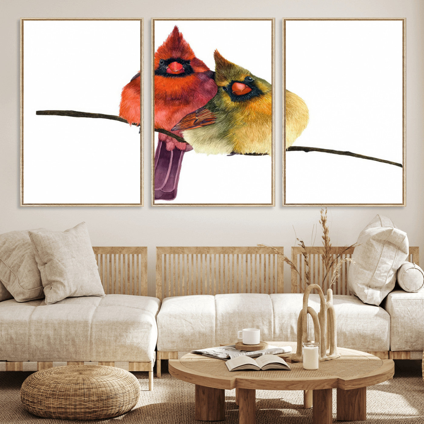 MGV-FC-60X30-3P - Cardinal Bird Canvas Wall Art - Male and Female Cardinal Print - Nature-Inspired Bird Wall Decor for