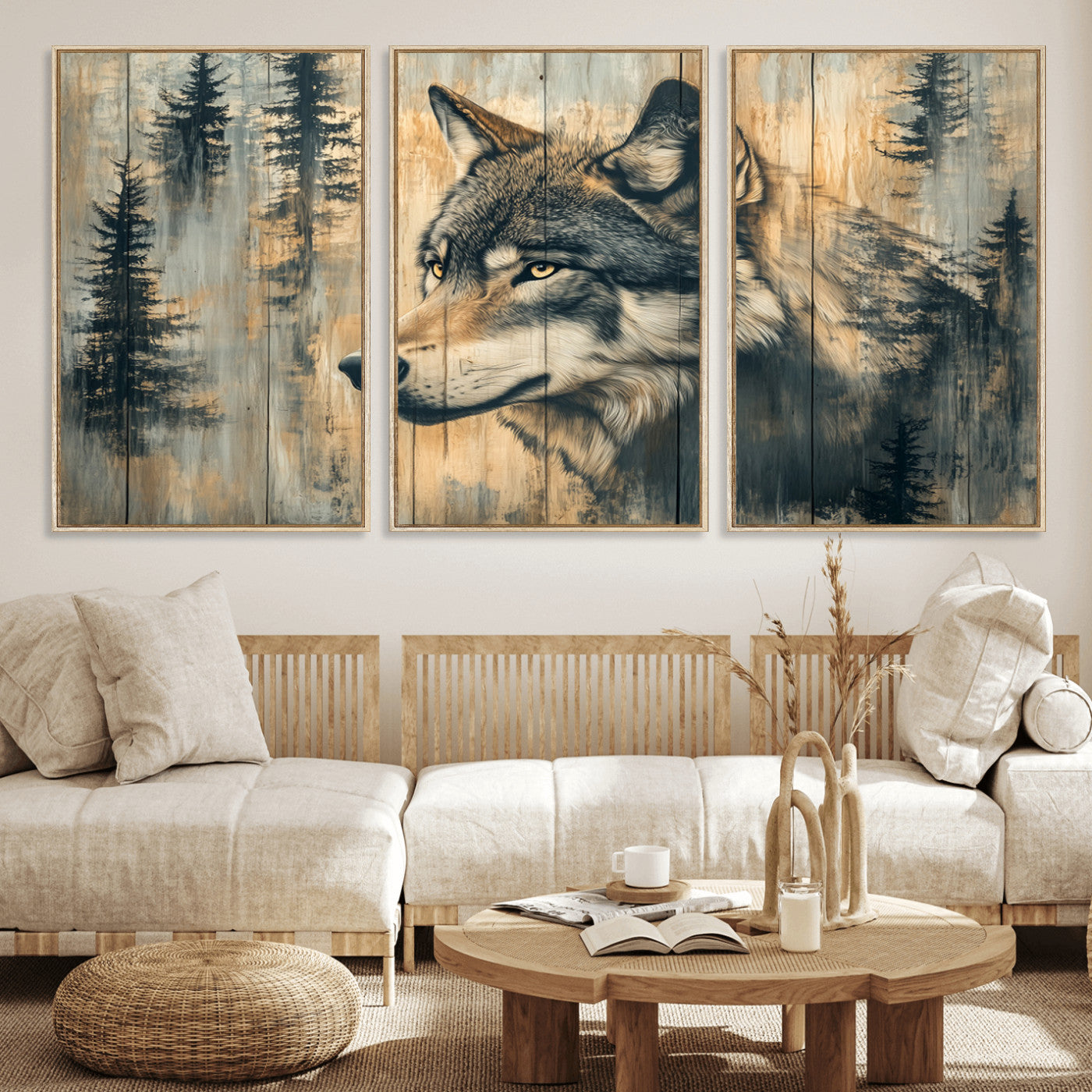MGV-FC-60X30-3P - Wood Style Rustic Wolf Wall Art Canvas Print, Vintage Woodland Wolf Wall Art, Framed Wood Style Wolf