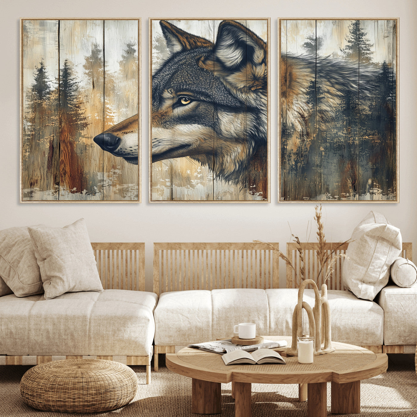 MGV-FC-60X30-3P - Rustic Wolf Wall Art Canvas Print, Vintage Woodland Wolf Wall Art
